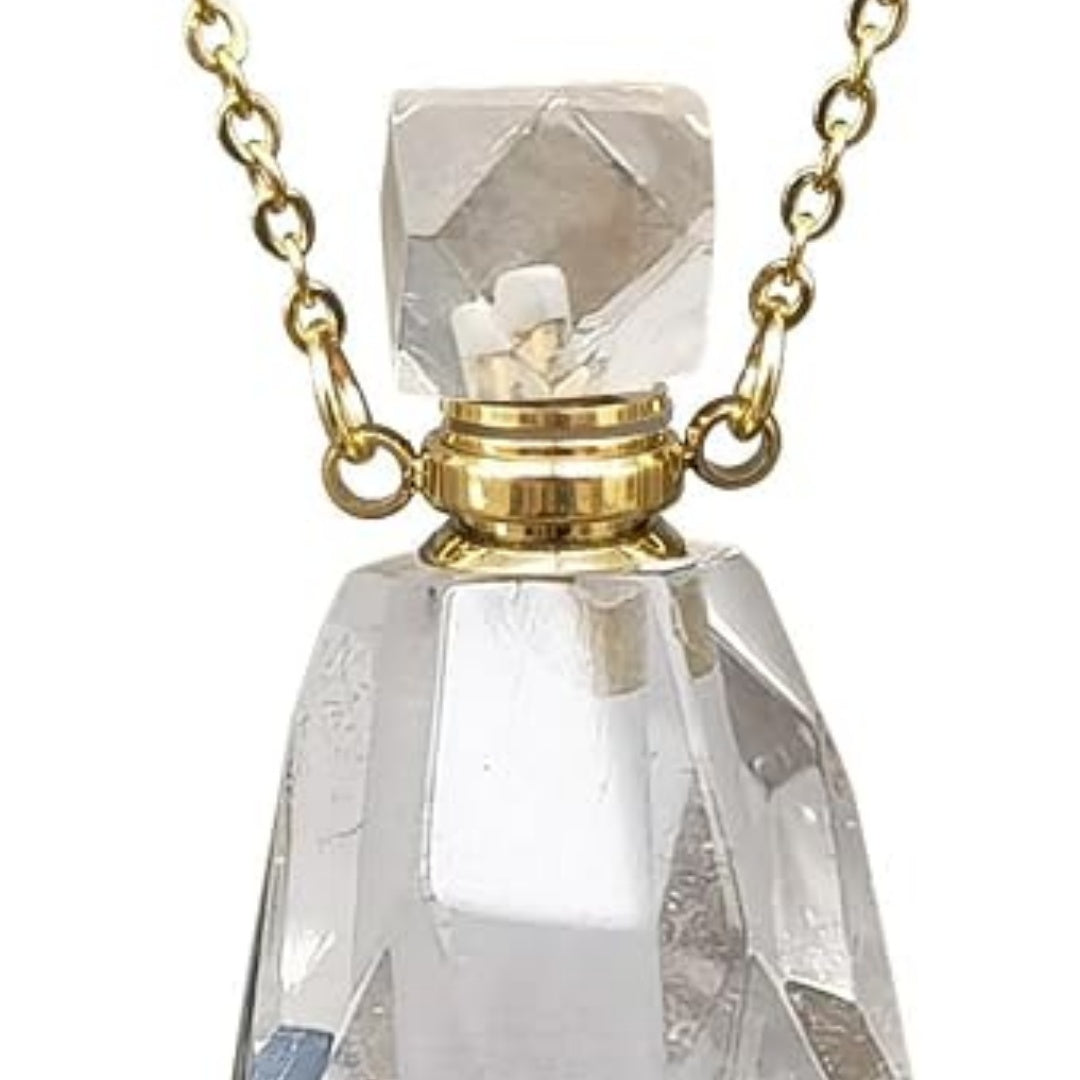 Clear Quartz Essential Oil Bottle Necklace - Faceted Crystal Perfume Vial