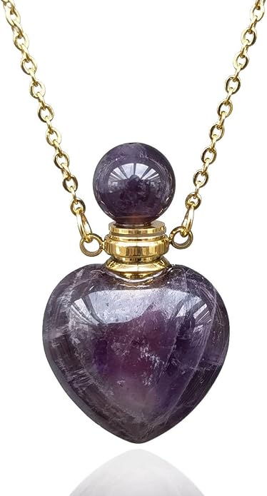 Amethyst Essential Oil Bottle Necklace - Heart Shaped Healing Crystal Perfume Vial