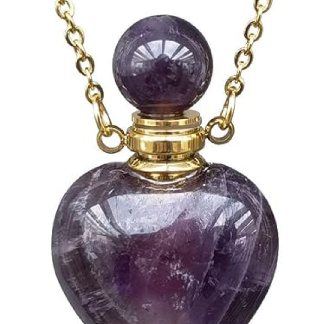 Amethyst Essential Oil Bottle Necklace - Heart Shaped Healing Crystal Perfume Vial