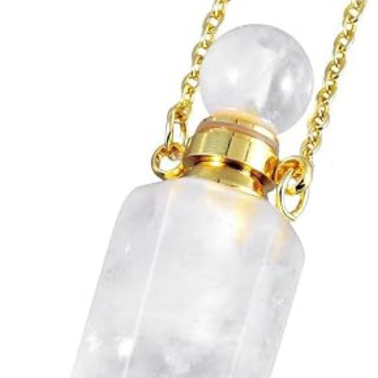 Clear Quartz Point Essential Oil Bottle Necklace - Crystal Wand Perfume Vial