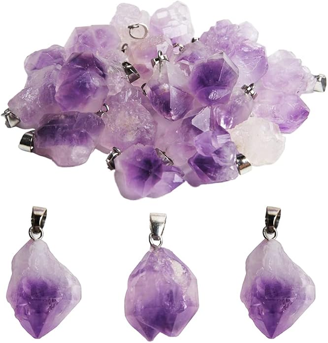 10 PCS Raw Amethyst Crystal Pendant Necklace - Natural Rough Healing Stone Jewelry for Women & Men