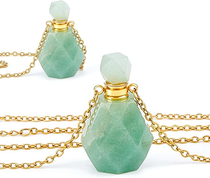 Green Aventurine Essential Oil Bottle Necklace - Faceted Crystal Perfume Vial