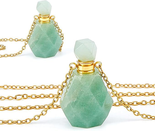 Green Aventurine Essential Oil Bottle Necklace - Faceted Crystal Perfume Vial