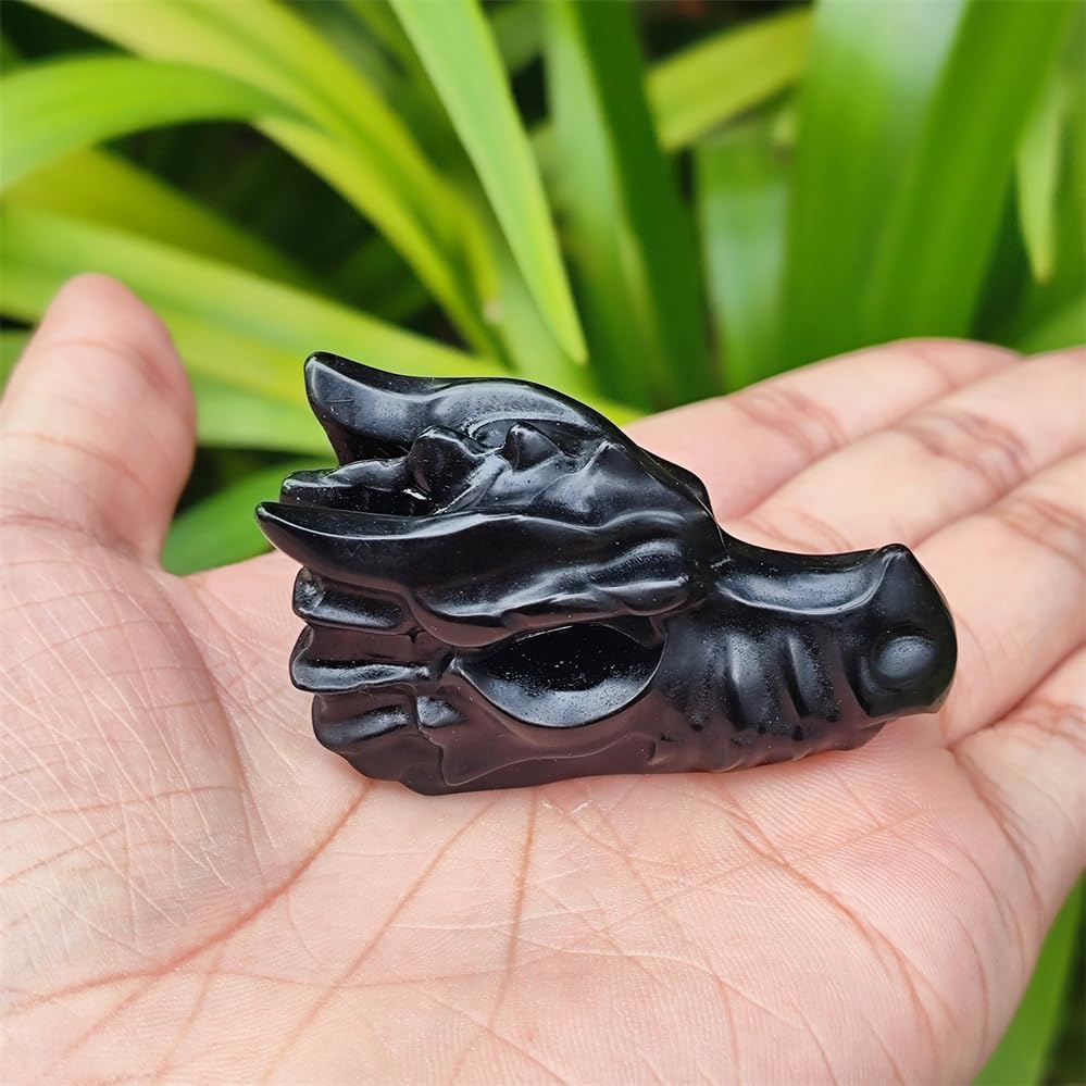 Natural Black Obsidian Dragon Head Crystal Carving - Hand-Spun Mythical Totem Statue for Protection, Power & Home Office Decor