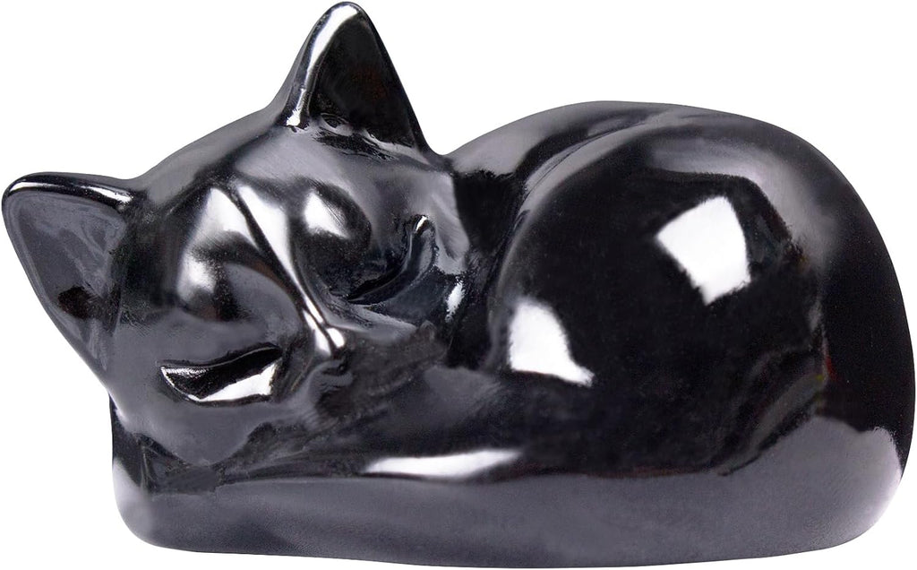 Natural Black Obsidian Sleeping Cat Crystal Carving - Hand-Carved Reclining Feline Statue for Protection, Peace & Cat Lover Gifts
