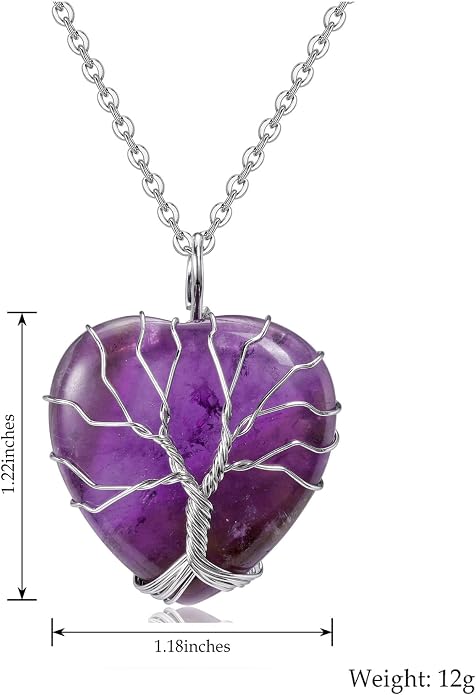 Heart Amethyst Tree of Life Necklace - Wire Wrapped Healing Crystal Pendant