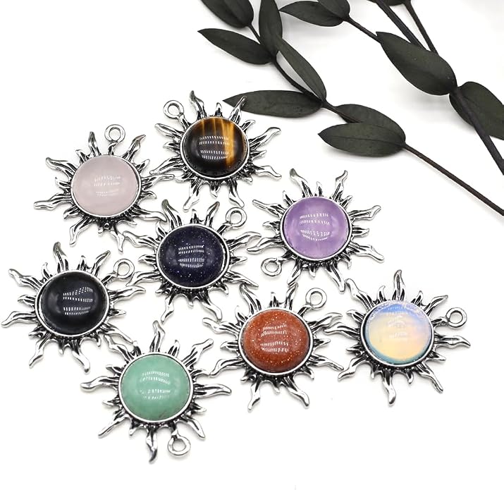 10 Pcs Healing Crystal Pendants Sun Shining Shape Natural Gemstone Vintage Charms for Jewelry Making Necklace Gift