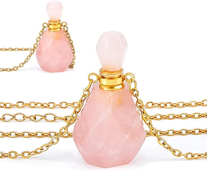 Rose Quartz Essential Oil Bottle Necklace - Faceted Healing Crystal Perfume Vial