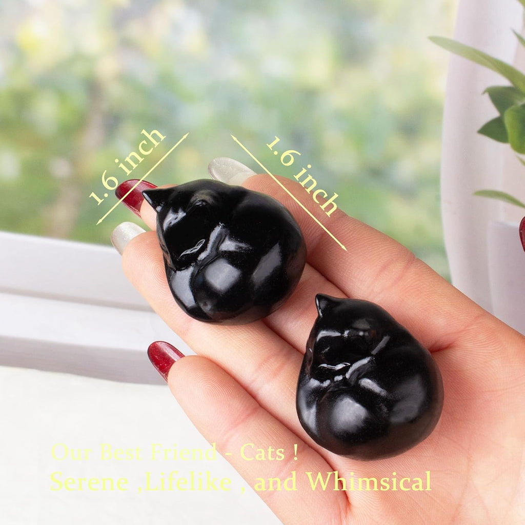 Natural Black Obsidian Sleeping Cat Crystal Carving - Hand-Carved Reclining Feline Statue for Protection, Peace & Cat Lover Gifts
