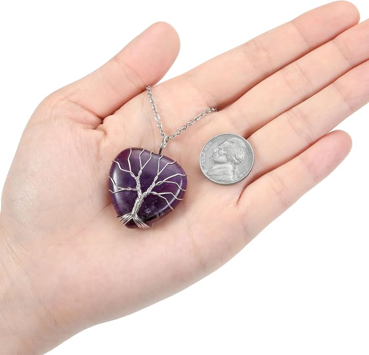 Heart Amethyst Tree of Life Necklace - Wire Wrapped Healing Crystal Pendant