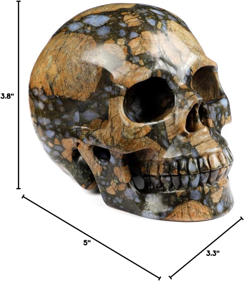 Natural Que Sera Stone Skull Crystal Carving - Hand-Spun Llanite Gemstone Skulls Statue for High-Vibe Healing, Metaphysical & Gothic Decor