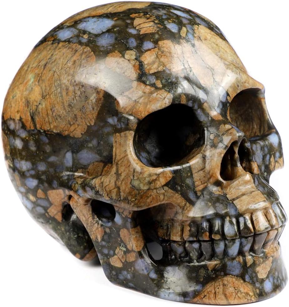 Natural Que Sera Stone Skull Crystal Carving - Hand-Spun Llanite Gemstone Skulls Statue for High-Vibe Healing, Metaphysical & Gothic Decor