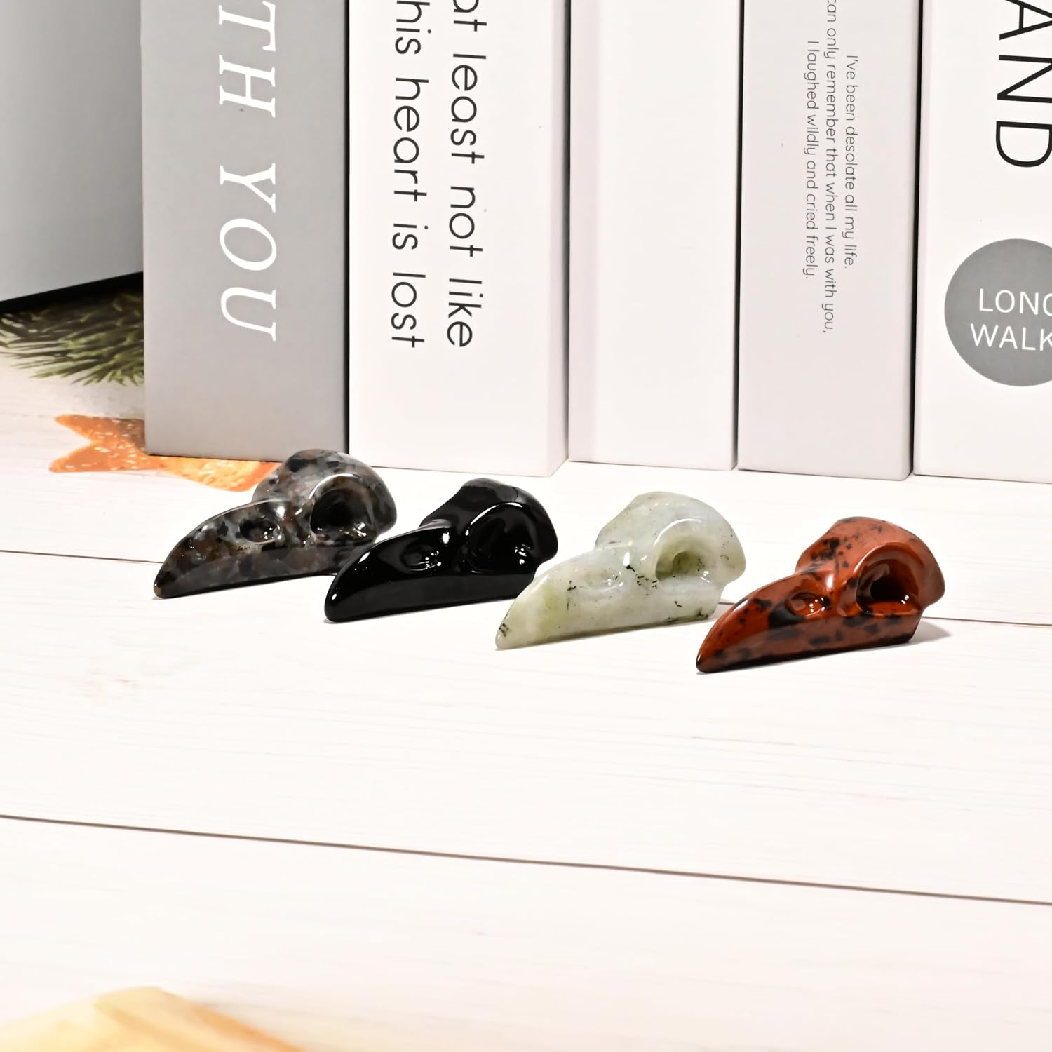 Natural Gemstone Raven Skull Crystal Carving - Hand-Carved Crow Bird Skulls Totem Statue for Protection, Intuition & Gothic Altar Decor