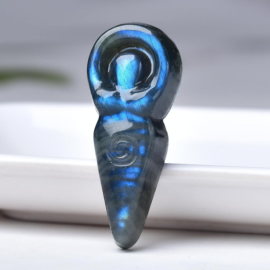 Natural Labradorite Goddess Crystal Carving - Hand-Carved Spiral Totem Statue with Electric Flash for Magic, Protection & Altar Decor