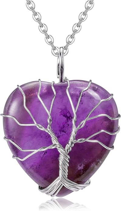 Heart Amethyst Tree of Life Necklace - Wire Wrapped Healing Crystal Pendant