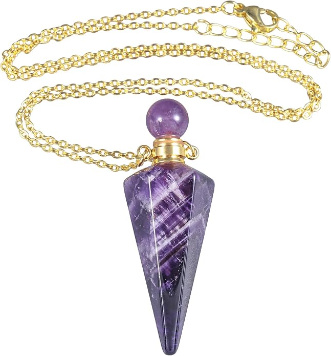 Dream Amethyst Essential Oil Bottle Necklace - Chevron Quartz Pendulum Perfume Vial
