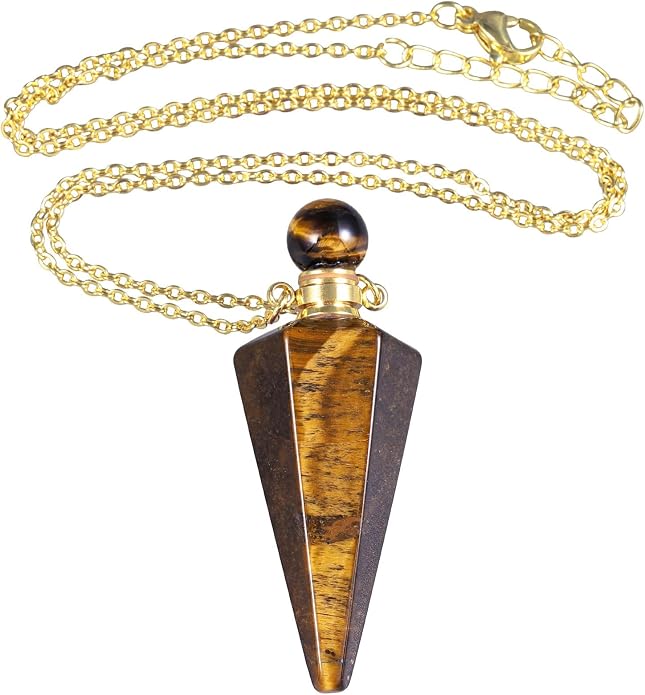 Tiger Eye Essential Oil Bottle Necklace - Cone Crystal Pendulum Perfume Vial