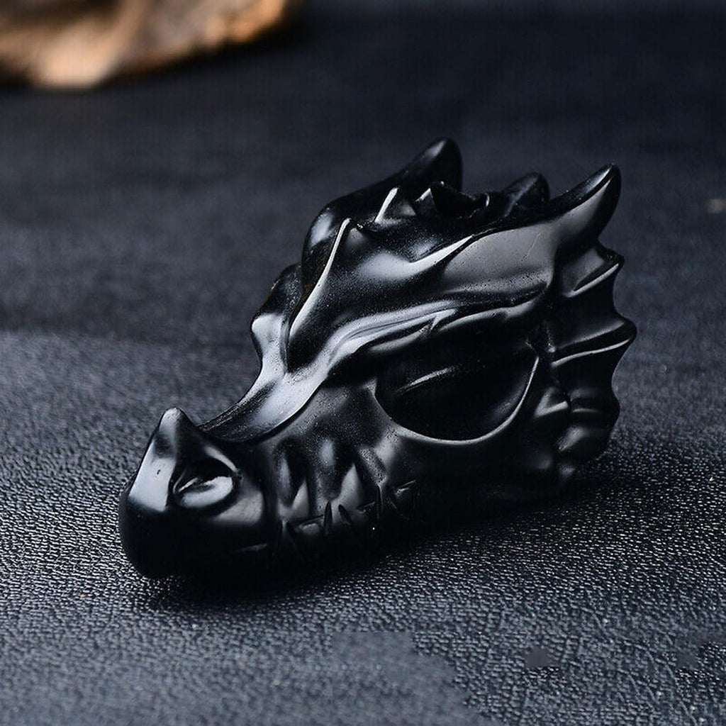Natural Black Obsidian Dragon Head Crystal Carving - Hand-Spun Mythical Totem Statue for Protection, Power & Home Office Decor