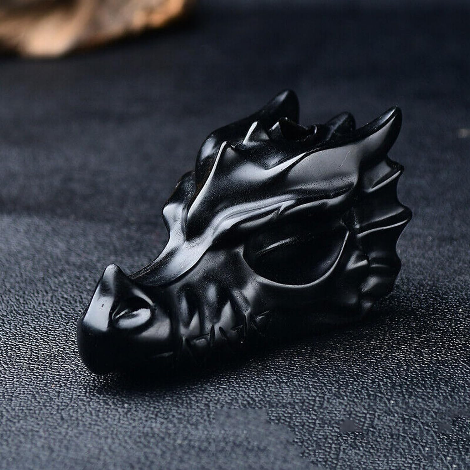Natural Black Obsidian Dragon Head Crystal Carving - Hand-Spun Mythical Totem Statue for Protection, Power & Home Office Decor