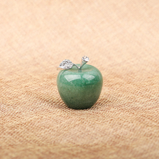 Green Aventurine Crystal Apple Carving with Rhinestone Stem