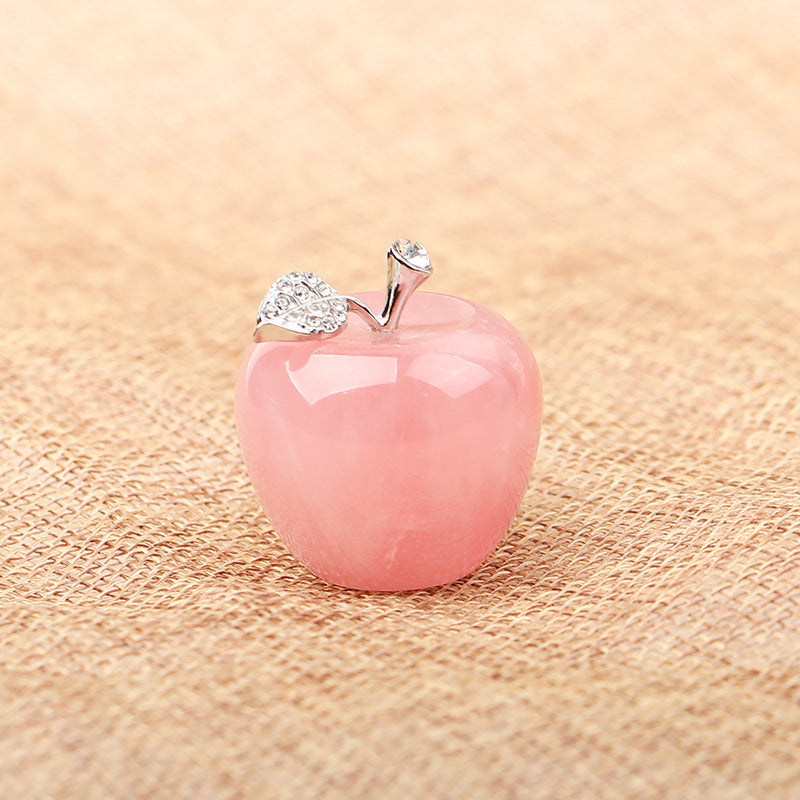 Green Aventurine Crystal Apple Carving with Rhinestone Stem