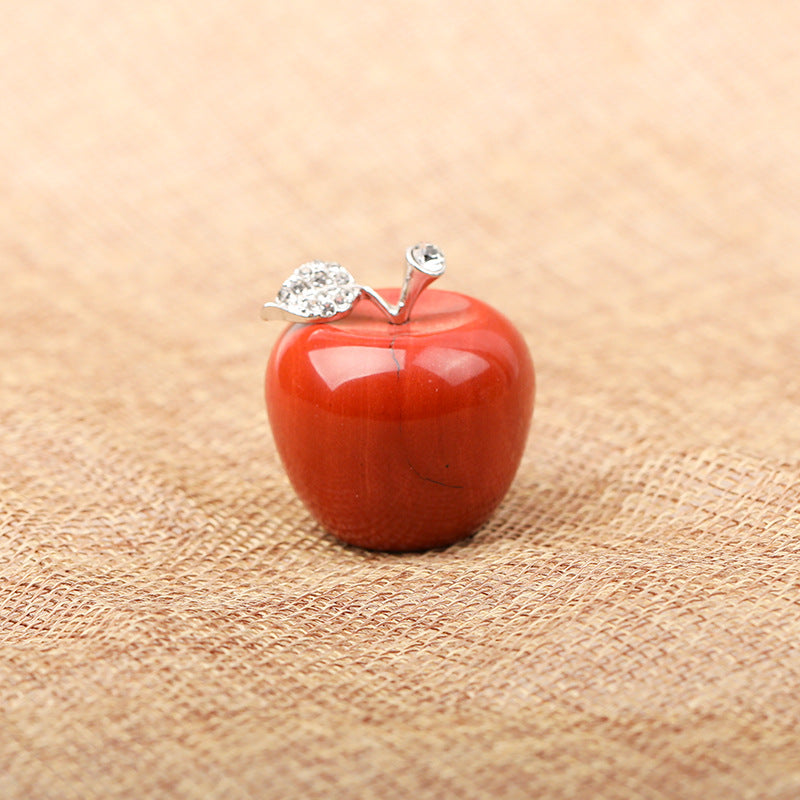 Green Aventurine Crystal Apple Carving with Rhinestone Stem