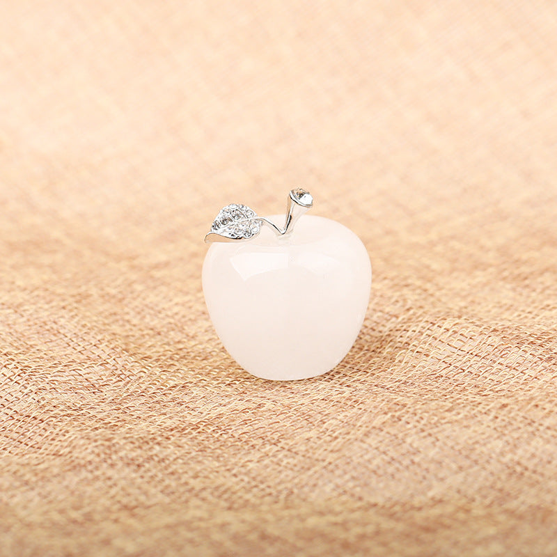 Green Aventurine Crystal Apple Carving with Rhinestone Stem